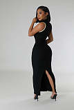 Women Sleeveless Round Neck Slim Patchwork Slit Long Dress NTY-7445