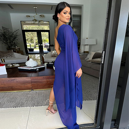 Sexy Oblique Shoulder Solid Color Chiffon Party Long Dress YF-10795