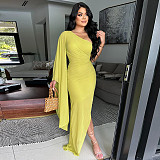 Sexy Oblique Shoulder Solid Color Chiffon Party Long Dress YF-10795