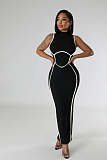 Women Sleeveless Round Neck Slim Patchwork Slit Long Dress NTY-7445