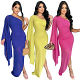 Sexy Oblique Shoulder Solid Color Chiffon Party Long Dress YF-10795