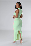 Women Sleeveless Round Neck Slim Patchwork Slit Long Dress NTY-7445