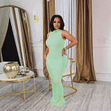 Women Sleeveless Round Neck Slim Patchwork Slit Long Dress NTY-7445