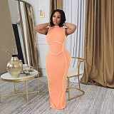 Women Sleeveless Round Neck Slim Patchwork Slit Long Dress NTY-7445