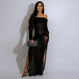 Sexy Drop Shoulder Long Sleeves Transparent Slits Maxi Dresses YF-10782