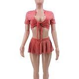Sexy Women Short Sleeves Crop Top And Mini Pleated Skirt 2 Pieces Set TK-6325