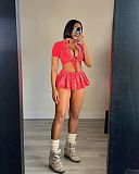 Sexy Women Short Sleeves Crop Top And Mini Pleated Skirt 2 Pieces Set TK-6325