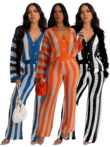 Fashioin Women Stripes Cutout Sweater Knit Two-piece Set CH-24040