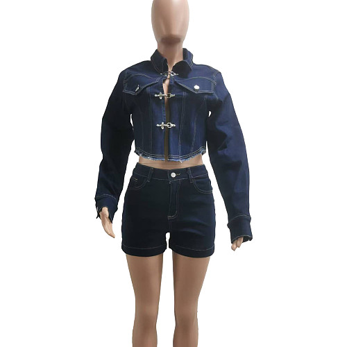 Casual Women Long Sleeves Jacket And Shorts Denim 2 Pieces Set TK-6327