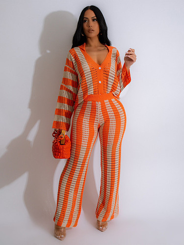 Fashioin Women Stripes Cutout Sweater Knit Two-piece Set CH-24040