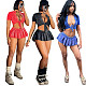 Sexy Women Short Sleeves Crop Top And Mini Pleated Skirt 2 Pieces Set TK-6325