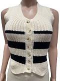 Fashion Girls Knit Button Stripe Patchwork Casual Suit CM-8731