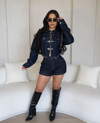 Casual Women Long Sleeves Jacket And Shorts Denim 2 Pieces Set TK-6327