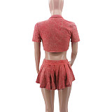 Sexy Women Short Sleeves Crop Top And Mini Pleated Skirt 2 Pieces Set TK-6325