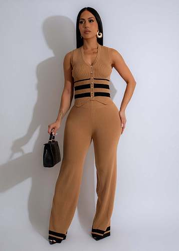 Fashion Girls Knit Button Stripe Patchwork Casual Suit CM-8731