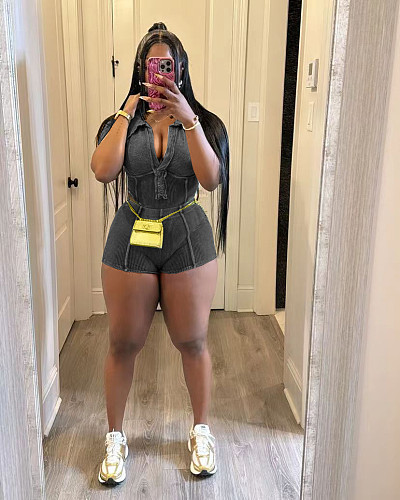 Women Solid Color Turndown Collar Crop Top And Shorts Casual 2 Pieces Set TK-6326