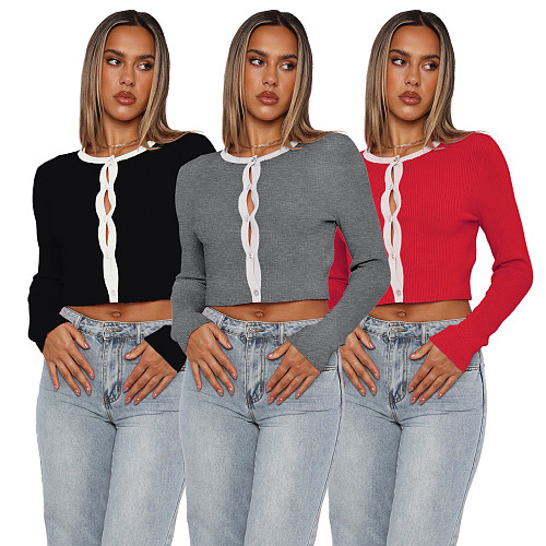 Casual Solid Color Wool Cardigan Short Top Sweater ASL-6757