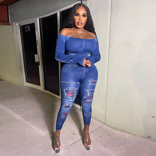 Imitation Denim Print Crop Tops Leggings Pant Sets YNS-1883