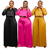 Casual Shirt Top Wide-leg Pants Folded Women Large Size Two-piece Set NNWY-8034