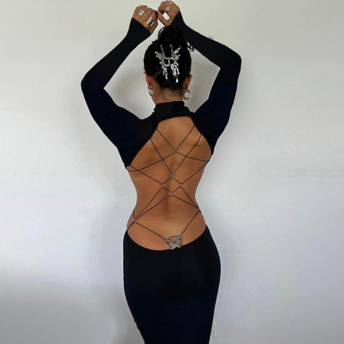Black Sexy Backless Bowknot  Long Sleeves Bandage Maxi Dresses SUM-24240