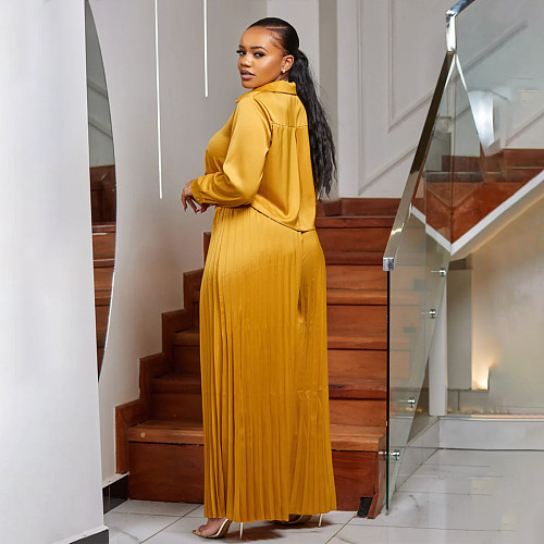 Casual Shirt Top Wide-leg Pants Folded Women Large Size Two-piece Set NNWY-8034