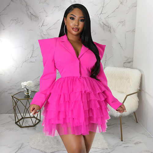 Mesh Patchwork Notched Collar Blazer Puffy Dress YF-10336