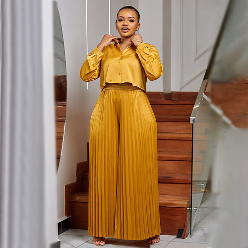 Casual Shirt Top Wide-leg Pants Folded Women Large Size Two-piece Set NNWY-8034
