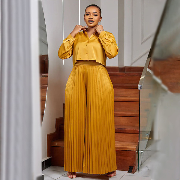 Casual Shirt Top Wide-leg Pants Folded Women Large Size Two-piece Set NNWY-8034