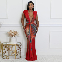 Women's Sexy V-neck Waist Sleeveless Print Full Dress YF-10804