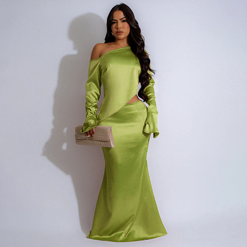 Fall Winter Solid Color Diagonal Shoulder Long Sleeve Fishtail Dress Set YF-10807