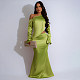 Fall Winter Solid Color Diagonal Shoulder Long Sleeve Fishtail Dress Set YF-10807