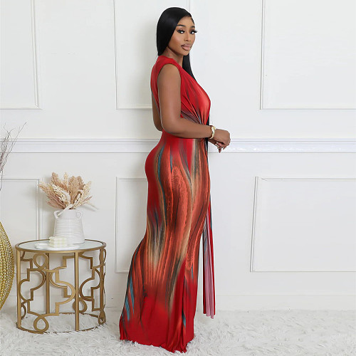 Women's Sexy V-neck Waist Sleeveless Print Full Dress YF-10804
