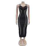 Fashion Women's Straps Hot Drill Solid Color Maxi Dress BY-7070