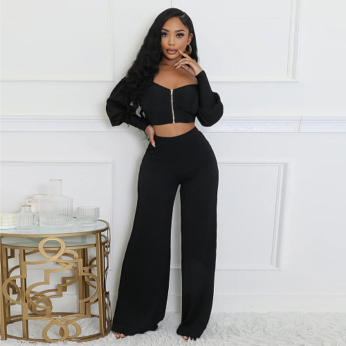 Leisure Sets Women Zipper Long Sleeves Crop Top And Long Pants YF-10803