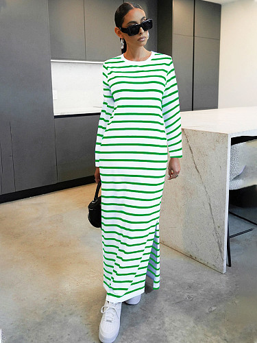 Fashion Striped Print Casual Long-sleeved Slit Long Dress SFY-515