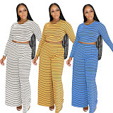 Women Long Sleeves Crop Tops And Wide-leg Pants Casual Striped Two-piece Set SFY-535
