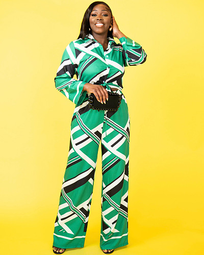 Women's Casual Wide-leg Pants Abstract Patterned Trouser Suit SFY-2783