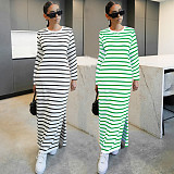 Fashion Striped Print Casual Long-sleeved Slit Long Dress SFY-515