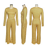 Women Long Sleeves Crop Tops And Wide-leg Pants Casual Striped Two-piece Set SFY-535