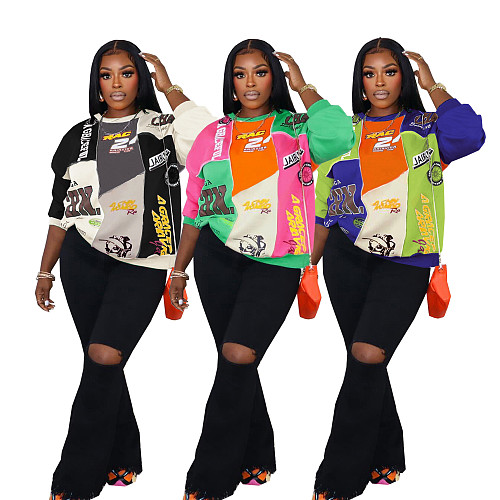 Women Patchwork Color Letter-printed Top Loose Crew-neck Sweatshirt SFY-551