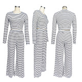 Women Long Sleeves Crop Tops And Wide-leg Pants Casual Striped Two-piece Set SFY-535