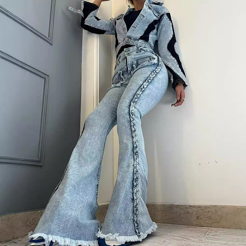 Women High-waisted All-in-one Slim-fit Stretch Denim Flares Jeans YUN-52035