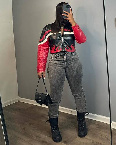 Women's Embroidered Flame Patchwork Biker Leather Jacket NIYA-8180