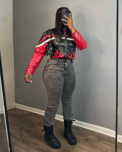 Women's Embroidered Flame Patchwork Biker Leather Jacket NIYA-8180