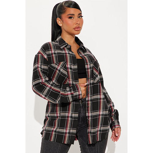 Casual Women Plaid Pocket Button Down Edge Long Shirt ASL-6761