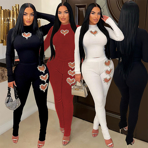 New Women Heart Hot Drilling Long Sleeves Long Pants Solid Color Sets BN-9439