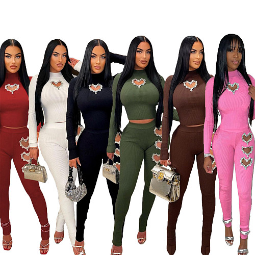 New Women Heart Hot Drilling Long Sleeves Long Pants Solid Color Sets BN-9439