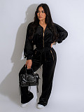 Fashion Women's Long-sleeved Lapel Zipper Cardigan Trousers Two-piece Set SFY-575