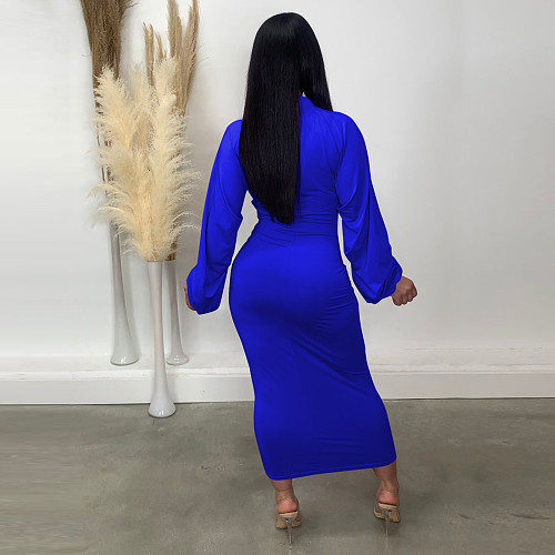 Autumn/Winter Solid Color Double Head Zipper Pleated Sleeves Long Dress TE-4706