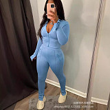 Women Long Sleeves Zipper Solid Color Long Pants 2 Pieces Sets RS-5033